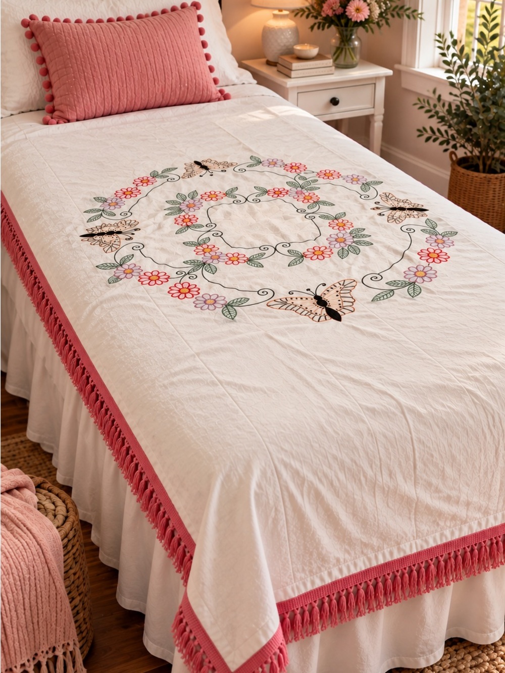 Vintage Handmade Twin Size Bedspread
Tablecloth Yarn Fringe Butterflies Flowers